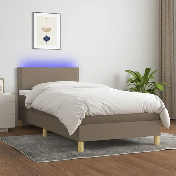 Gossi pat cu arcuri, saltea si led, gri taupe, 90x200 cm, textil