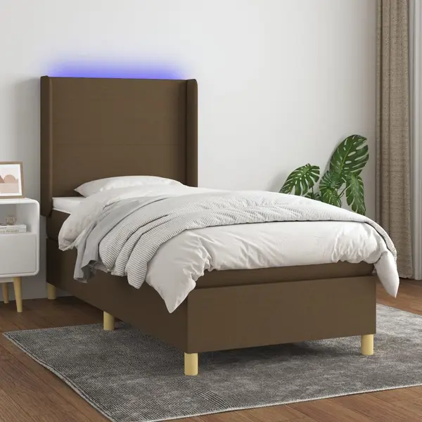 Gossi pat cu arcuri, saltea si led, maro inchis, 100x200 cm, textil