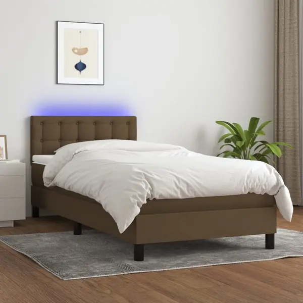 Gossi pat cu arcuri, saltea si led, maro inchis, 100x200 cm, textil