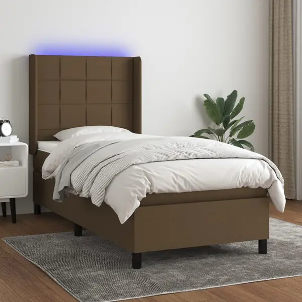 Gossi pat cu arcuri, saltea si led, maro inchis, 100x200 cm, textil