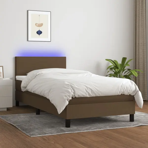 Gossi pat cu arcuri, saltea si led, maro inchis, 100x200 cm, textil