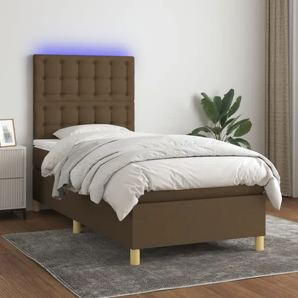 Gossi pat cu arcuri, saltea si led, maro inchis, 100x200 cm, textil