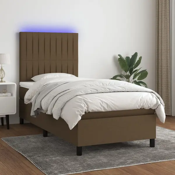 Gossi pat cu arcuri, saltea si led, maro inchis, 100x200 cm, textil