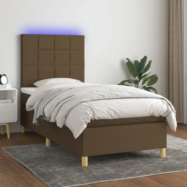 Gossi pat cu arcuri, saltea si led, maro inchis, 100x200 cm, textil