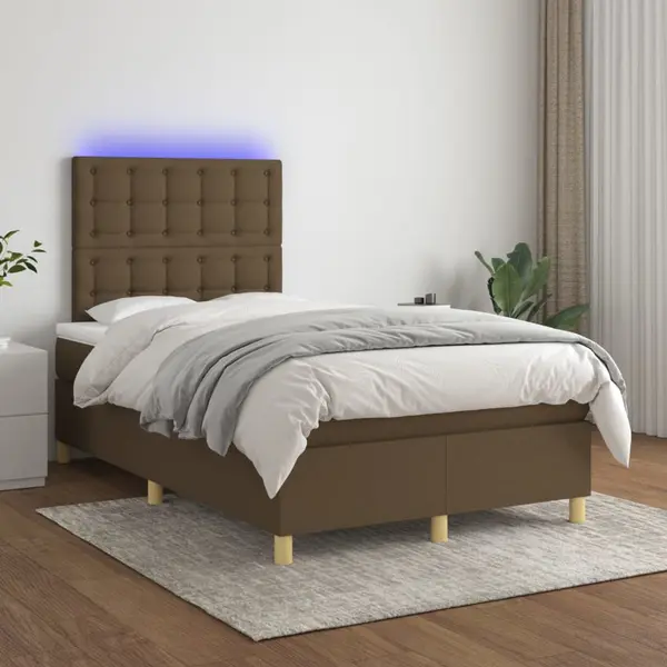 Gossi pat cu arcuri, saltea si led, maro inchis, 120x200 cm, textil