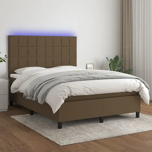 Gossi pat cu arcuri, saltea si led, maro inchis, 140x200 cm, textil