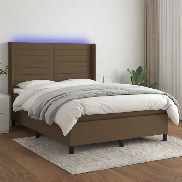 Gossi pat cu arcuri, saltea si led, maro inchis, 140x200 cm, textil