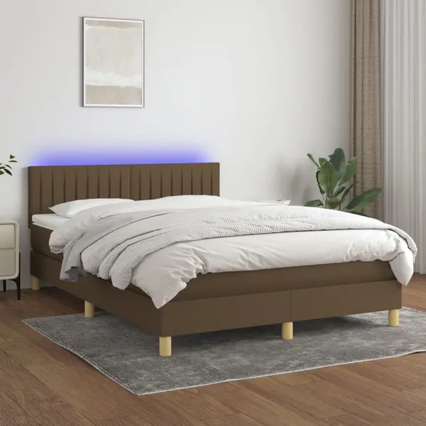 Gossi pat cu arcuri, saltea si led, maro inchis, 140x200 cm, textil