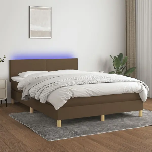 Gossi pat cu arcuri, saltea si led, maro inchis, 140x200 cm, textil