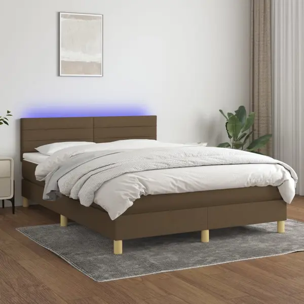 Gossi pat cu arcuri, saltea si led, maro inchis, 140x200 cm, textil