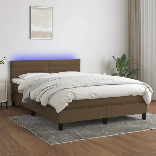 Gossi pat cu arcuri, saltea si led, maro inchis, 140x200 cm, textil