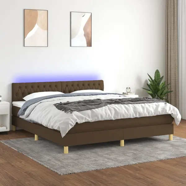 Gossi pat cu arcuri, saltea si led, maro inchis, 160x200 cm, textil