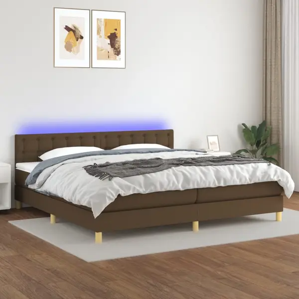 Gossi pat cu arcuri, saltea si led, maro inchis, 200x200 cm, textil