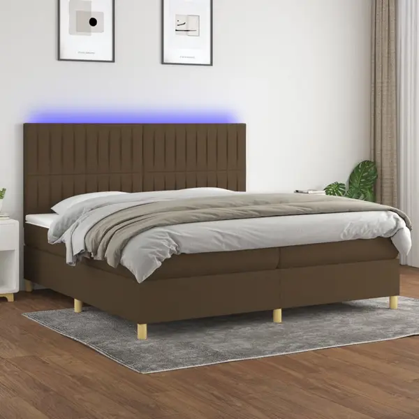 Gossi pat cu arcuri, saltea si led, maro inchis, 200x200 cm, textil