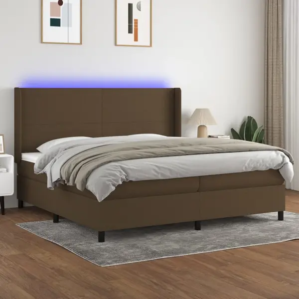 Gossi pat cu arcuri, saltea si led, maro inchis, 200x200 cm, textil