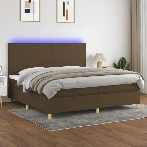 Gossi pat cu arcuri, saltea si led, maro inchis, 200x200 cm, textil