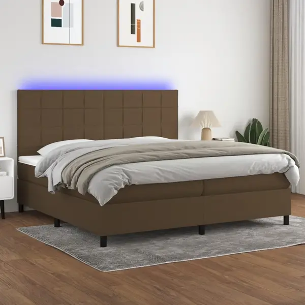 Gossi pat cu arcuri, saltea si led, maro inchis, 200x200 cm, textil