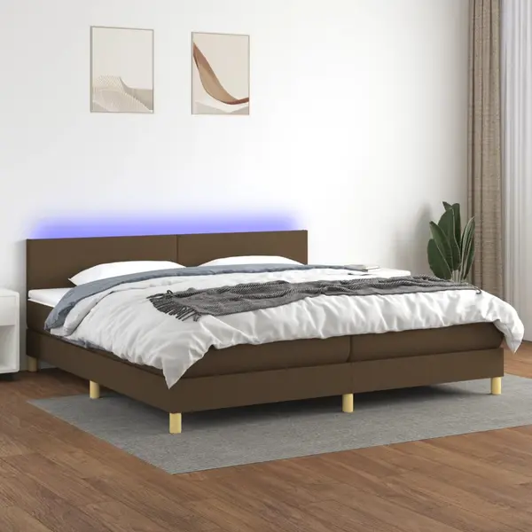 Gossi pat cu arcuri, saltea si led, maro inchis, 200x200 cm, textil