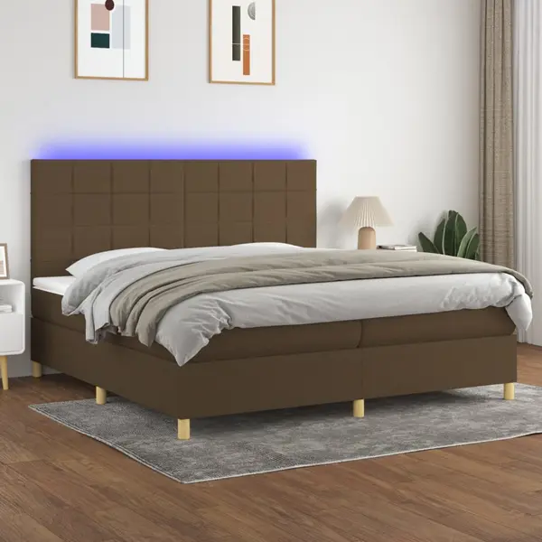 Gossi pat cu arcuri, saltea si led, maro inchis, 200x200 cm, textil