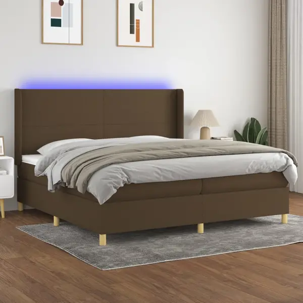 Gossi pat cu arcuri, saltea si led, maro inchis, 200x200 cm, textil