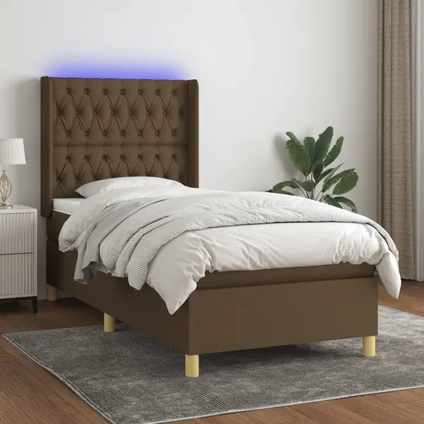 Gossi pat cu arcuri, saltea si led, maro inchis, 80x200 cm, textil