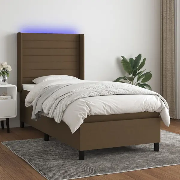 Gossi pat cu arcuri, saltea si led, maro inchis, 80x200 cm, textil