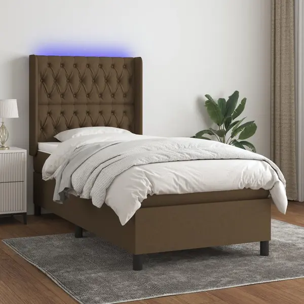 Gossi pat cu arcuri, saltea si led, maro inchis, 80x200 cm, textil