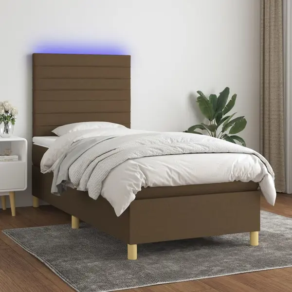 Gossi pat cu arcuri, saltea si led, maro inchis, 80x200 cm, textil