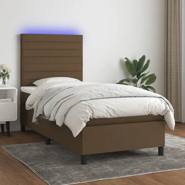 Gossi pat cu arcuri, saltea si led, maro inchis, 80x200 cm, textil