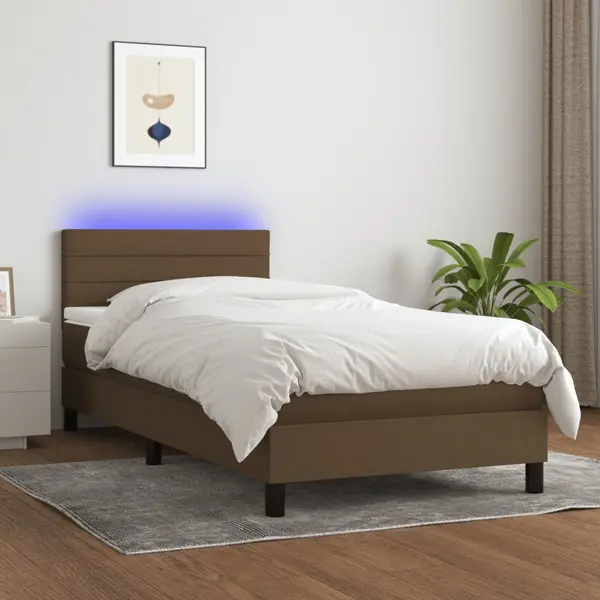 Gossi pat cu arcuri, saltea si led, maro inchis, 80x200 cm, textil