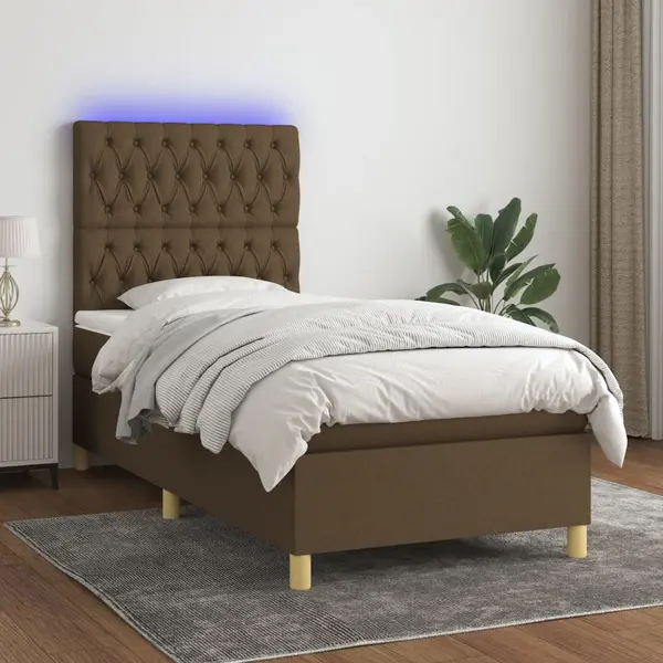 Gossi pat cu arcuri, saltea si led, maro inchis, 80x200 cm, textil