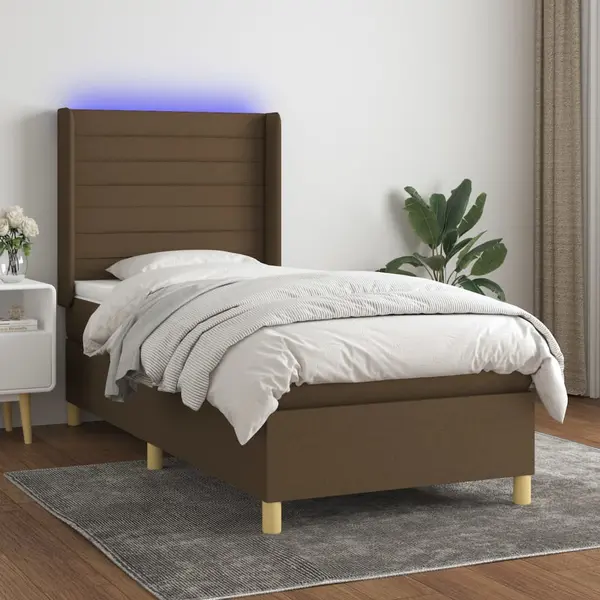Gossi pat cu arcuri, saltea si led, maro inchis, 80x200 cm, textil
