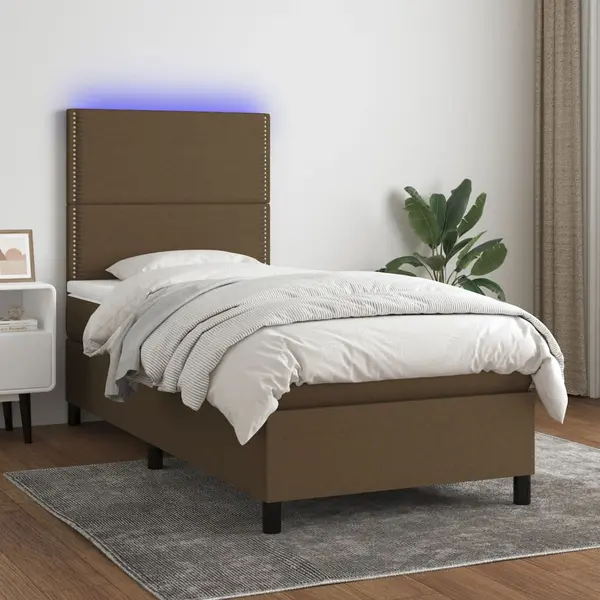 Gossi pat cu arcuri, saltea si led, maro inchis, 90x190 cm, textil
