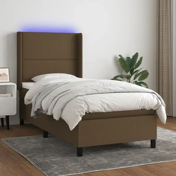 Gossi pat cu arcuri, saltea si led, maro inchis, 90x190 cm, textil