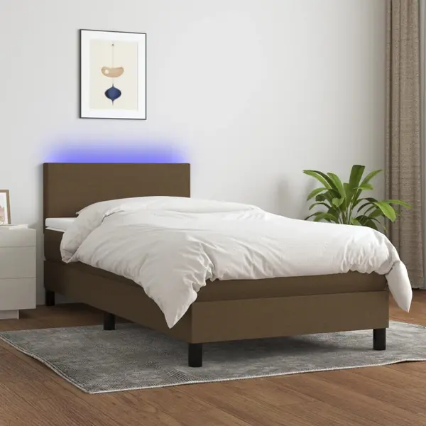 Gossi pat cu arcuri, saltea si led, maro inchis, 90x190 cm, textil