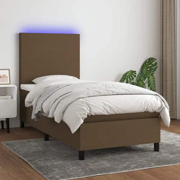 Gossi pat cu arcuri, saltea si led, maro inchis, 90x190 cm, textil