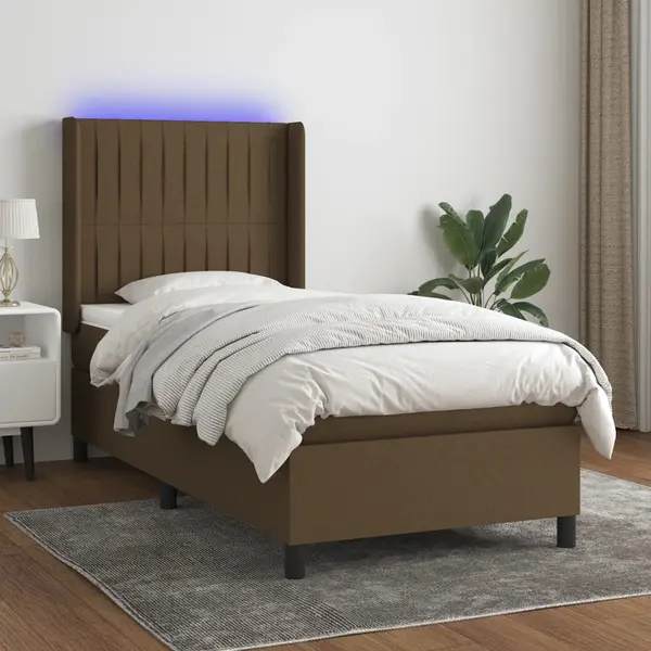Gossi pat cu arcuri, saltea si led, maro inchis, 90x200 cm, textil