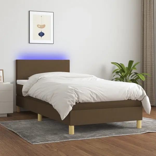 Gossi pat cu arcuri, saltea si led, maro inchis, 90x200 cm, textil