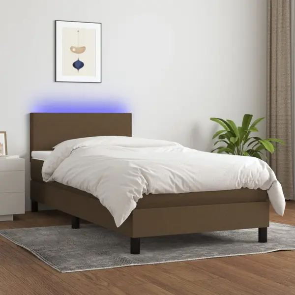 Gossi pat cu arcuri, saltea si led, maro inchis, 90x200 cm, textil