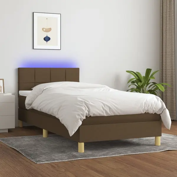 Gossi pat cu arcuri, saltea si led, maro inchis, 90x200 cm, textil