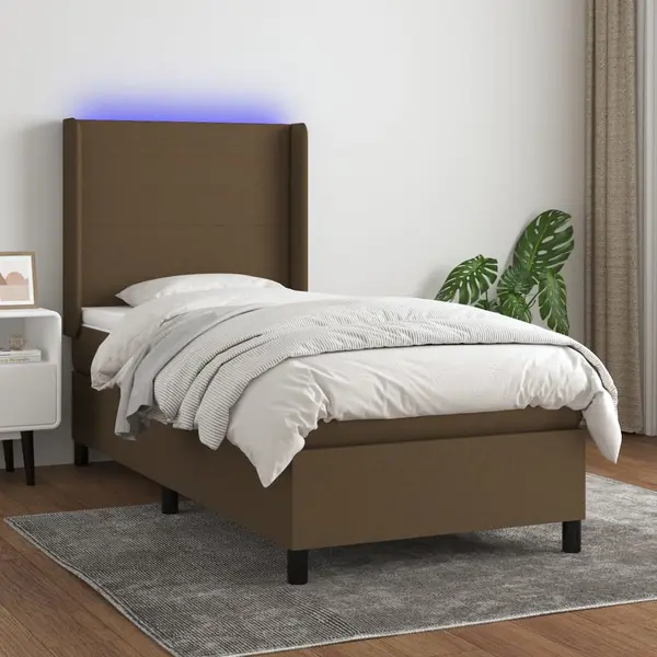 Gossi pat cu arcuri, saltea si led, maro inchis, 90x200 cm, textil
