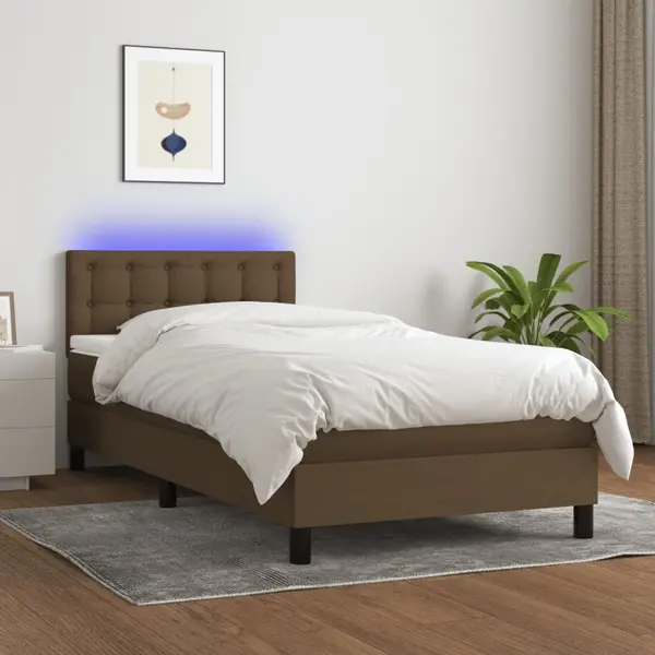 Gossi pat cu arcuri, saltea si led, maro inchis, 90x200 cm, textil