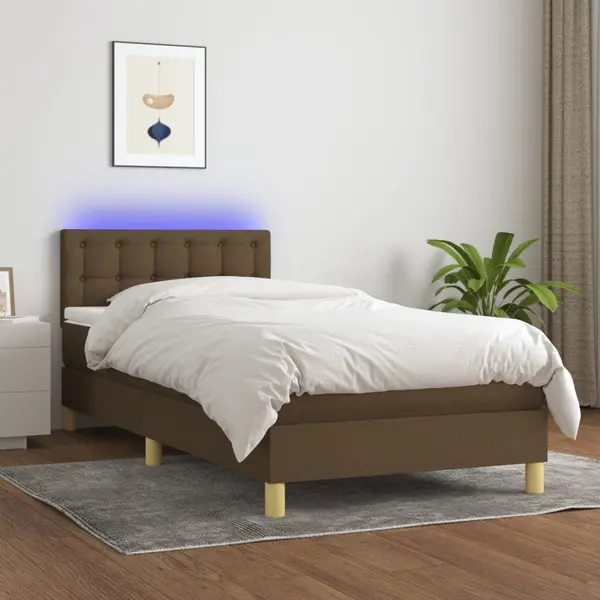 Gossi pat cu arcuri, saltea si led, maro inchis, 90x200 cm, textil