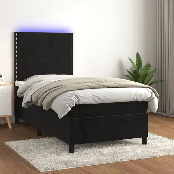 Gossi pat cu arcuri, saltea si led, negru, 100x200 cm, catifea