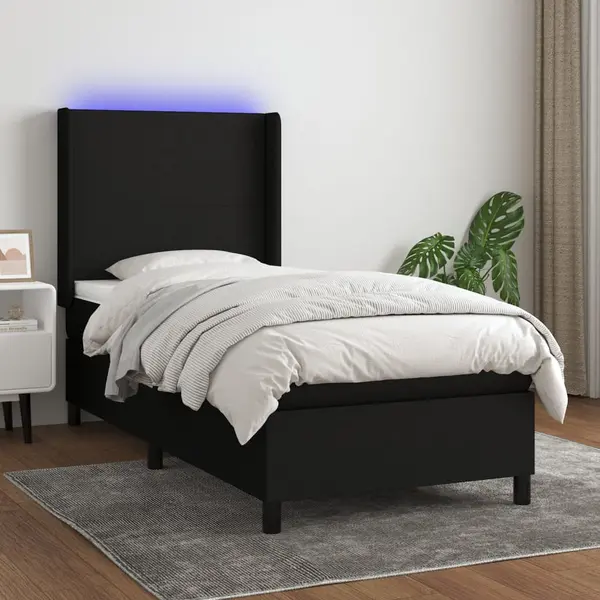 Gossi pat cu arcuri, saltea si led, negru, 100x200 cm, textil