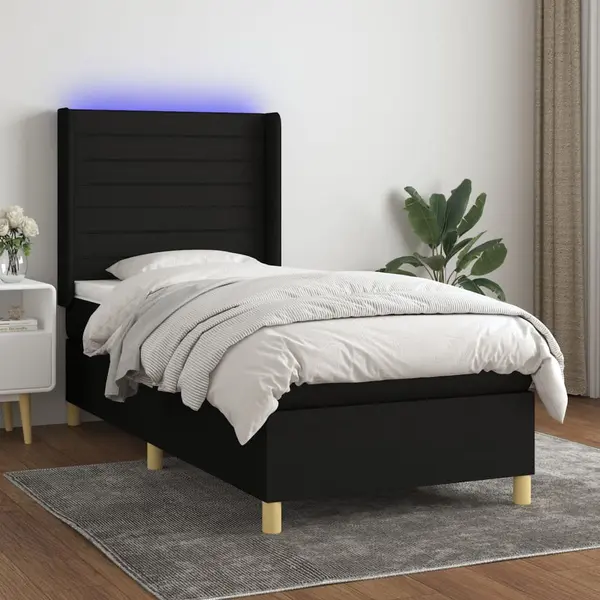 Gossi pat cu arcuri, saltea si led, negru, 100x200 cm, textil
