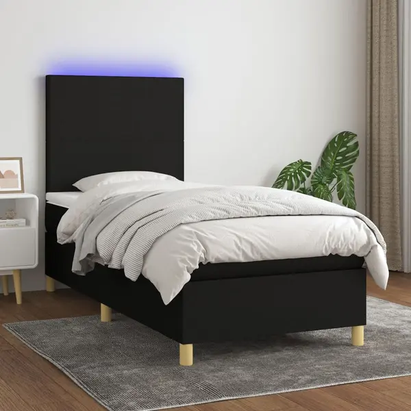 Gossi pat cu arcuri, saltea si led, negru, 100x200 cm, textil