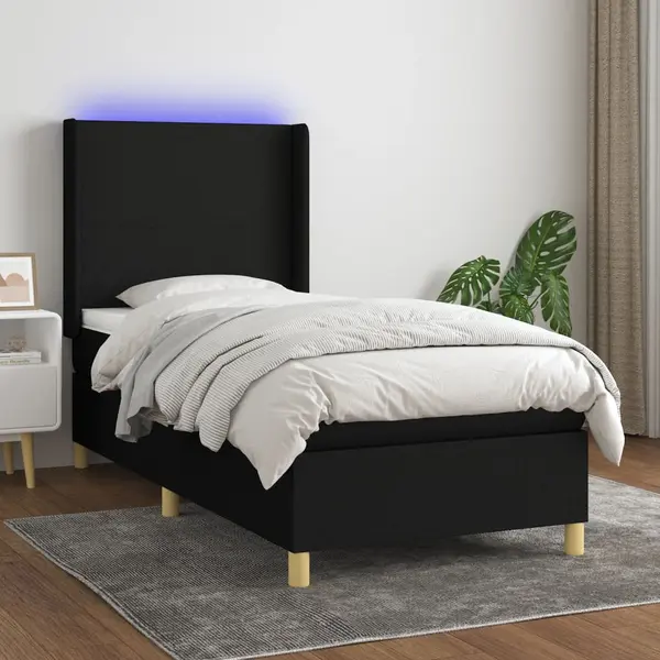 Gossi pat cu arcuri, saltea si led, negru, 100x200 cm, textil