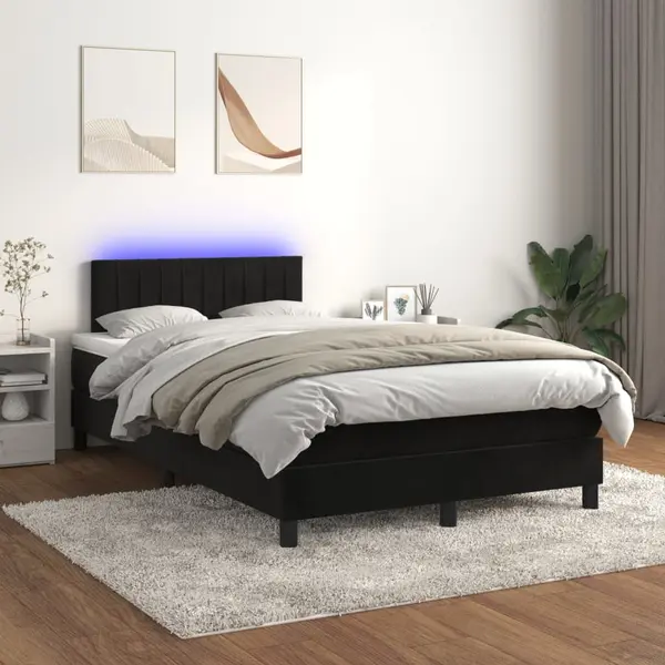 Gossi pat cu arcuri, saltea si led, negru, 120x200 cm, catifea