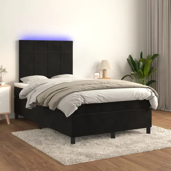 Gossi pat cu arcuri, saltea si led, negru, 120x200 cm, catifea
